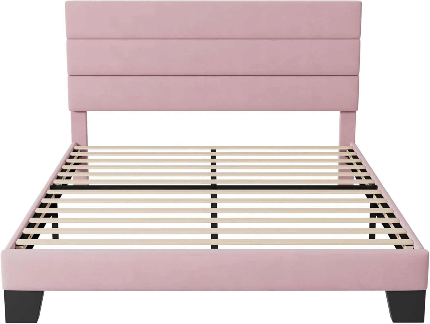 Allewie King size platform bed frame with velvet upholstered headboard and planks wourant