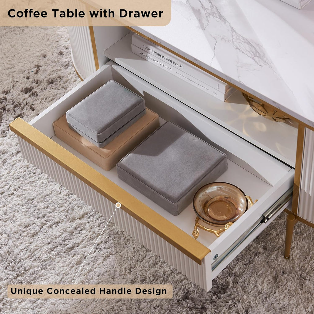 OKD Modern Luxury Grooved Coffee Table 48 Inch Oval Coffee Table Drawers Imitation Marble Top wourant