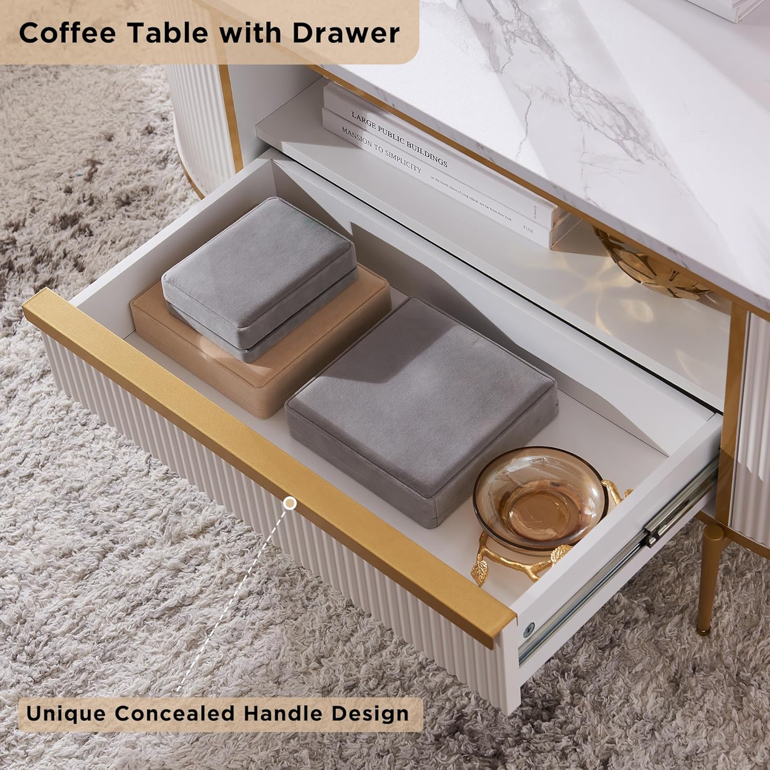 OKD Modern Luxury Grooved Coffee Table 48 Inch Oval Coffee Table Drawers Imitation Marble Top wourant