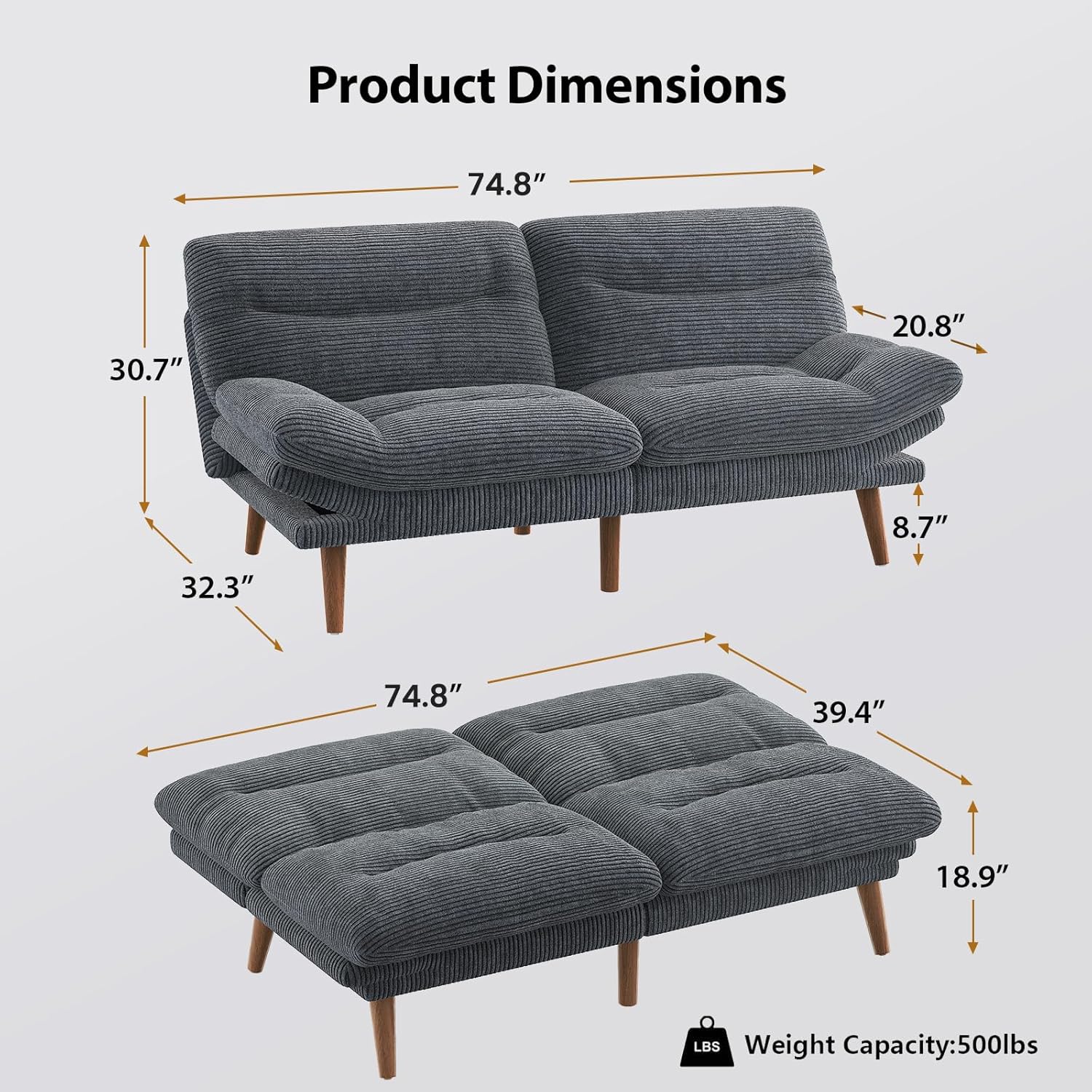 Convertible Futon Sofa Bed 66 Inch Corduroy Futon Sofa Recliner Sofa Bed for Small Spaces wourant