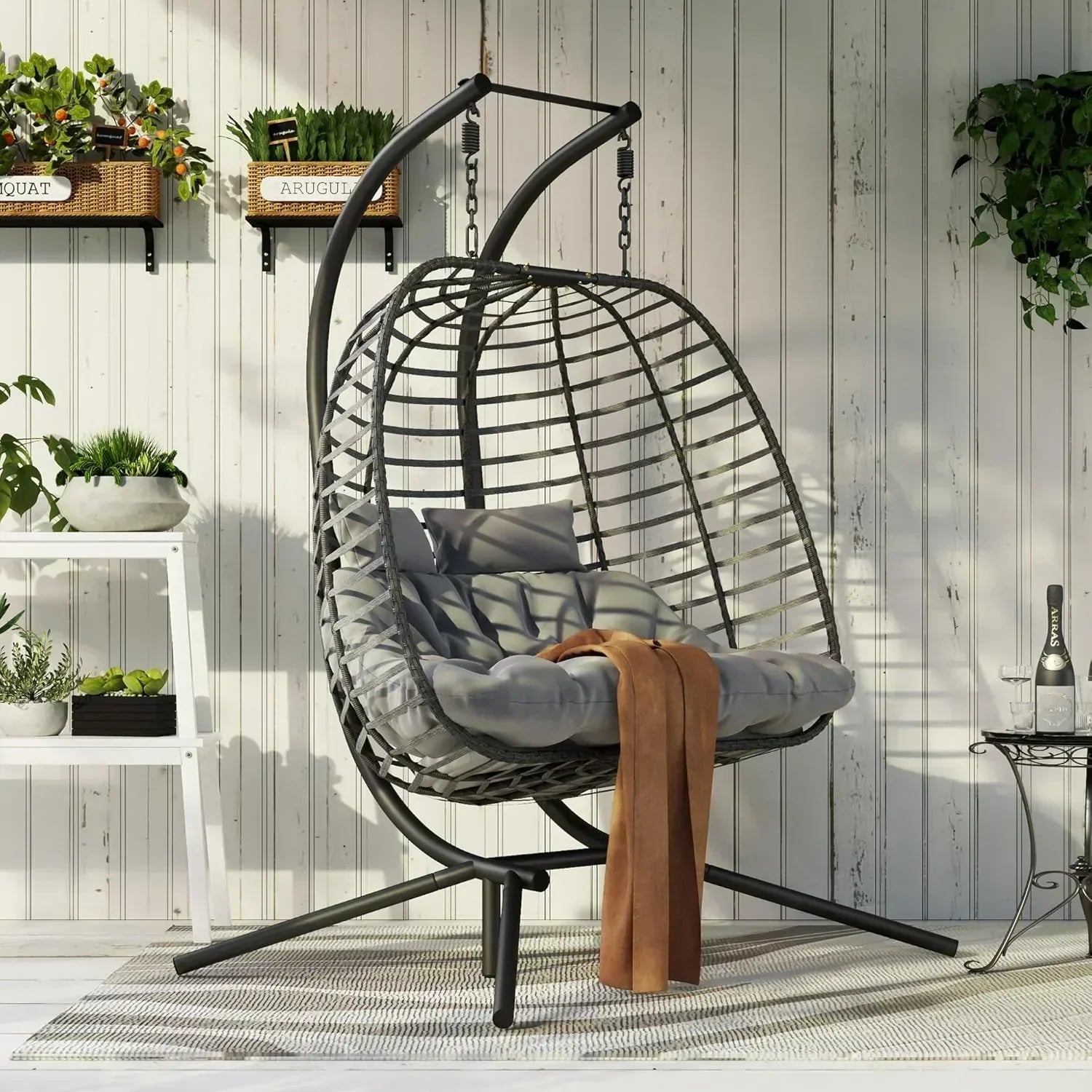 HWB Hanging Egg Chair with Stand Patio Wicker Hammock Egg Swing Chair Cushion for Bedroom wourant