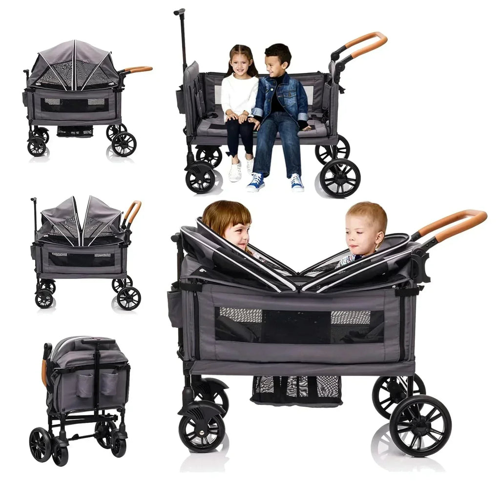 Wagon Stroller for 2 Kids Cargo-Travel Stroller Push-Pull Double Wagon Lightweight Folding Stroller wourant