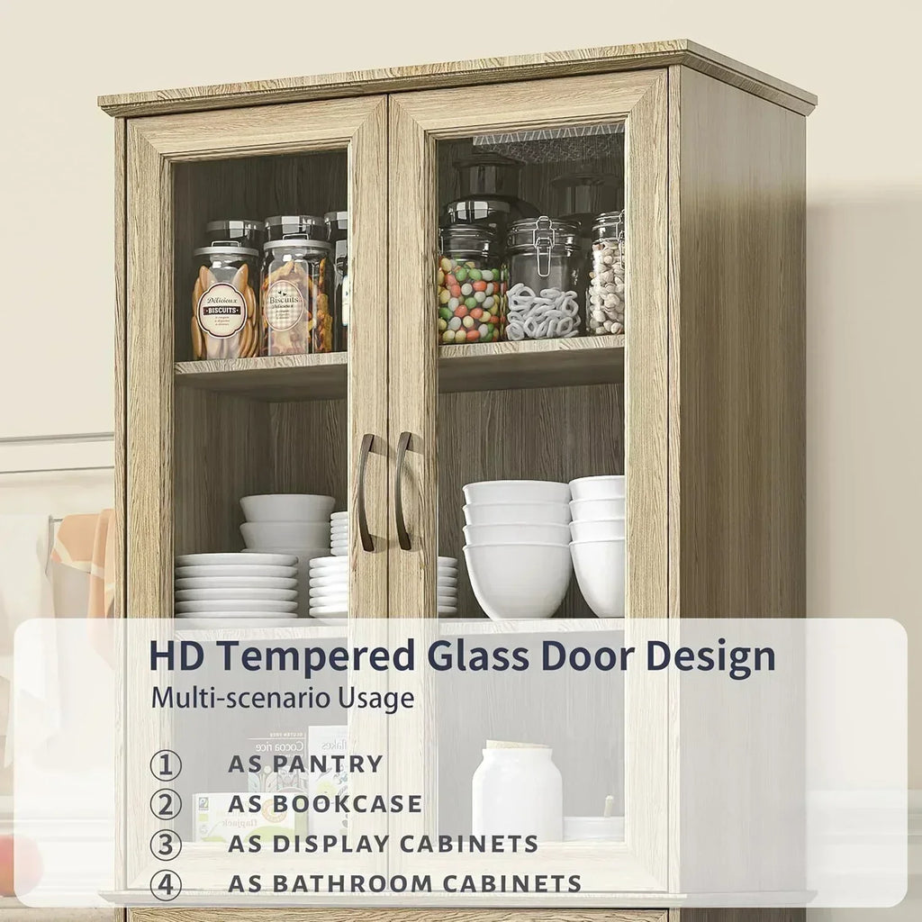 Kitchen Hutch Pantry Cabinet 71" Tall with Glass Doors wourant