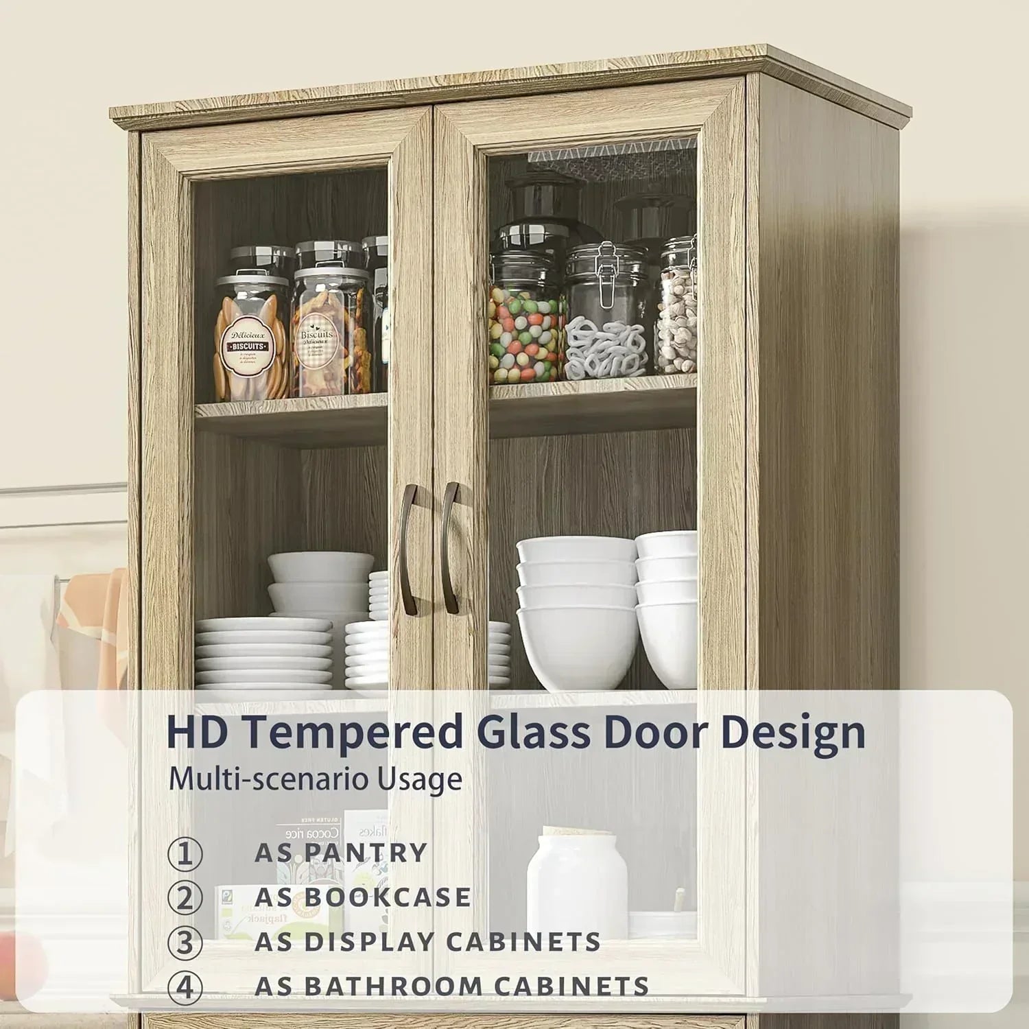 Kitchen Hutch Pantry Cabinet 71" Tall with Glass Doors wourant