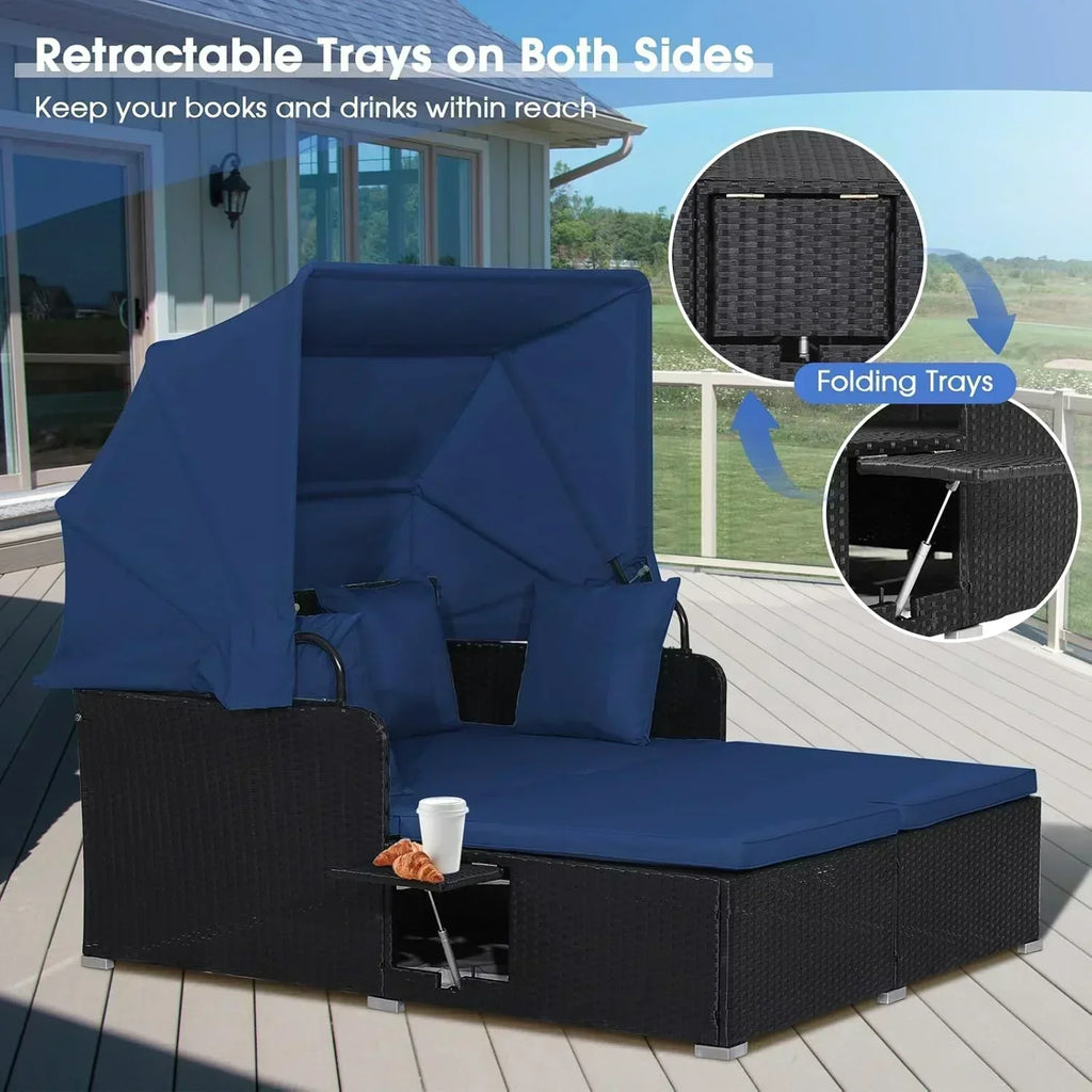 RELAX4LIFE Patio Outdoor Daybed with Canopy Wicker Sunbed Cushions 4 Pillows wourant