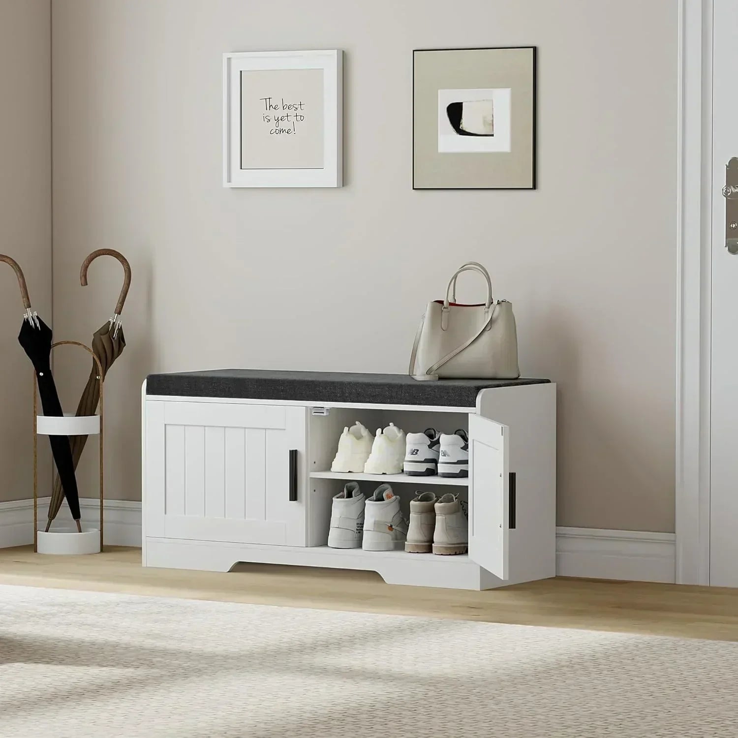 2-Tier Storage Bench Shoe Bench with Thickened Padded Seat Cushion Entryway Bench wourant