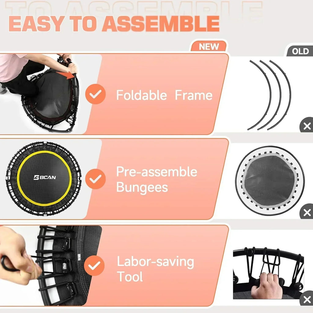 BCAN 450/550 LBS Foldable Mini Trampoline Fitness Trampoline Bungees Adjustable Foam Handle wourant
