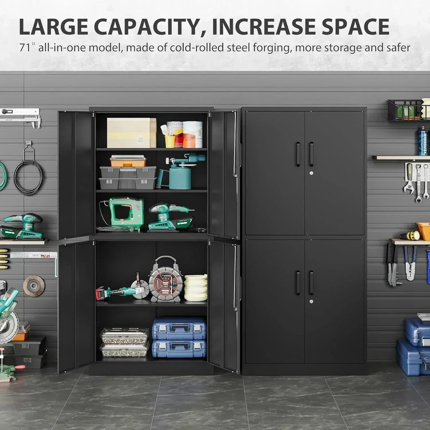 Metal Storage Cabinet with 2 Doors and 6 Shelves Black Metal Cabinet Garage Storage Cabinet wourant