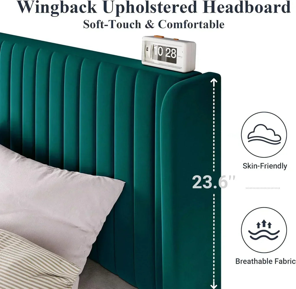Allewie Full Size Velvet Bed Frame Vertical Channel Tufted Wingback Headboard Upholstered Bed wourant