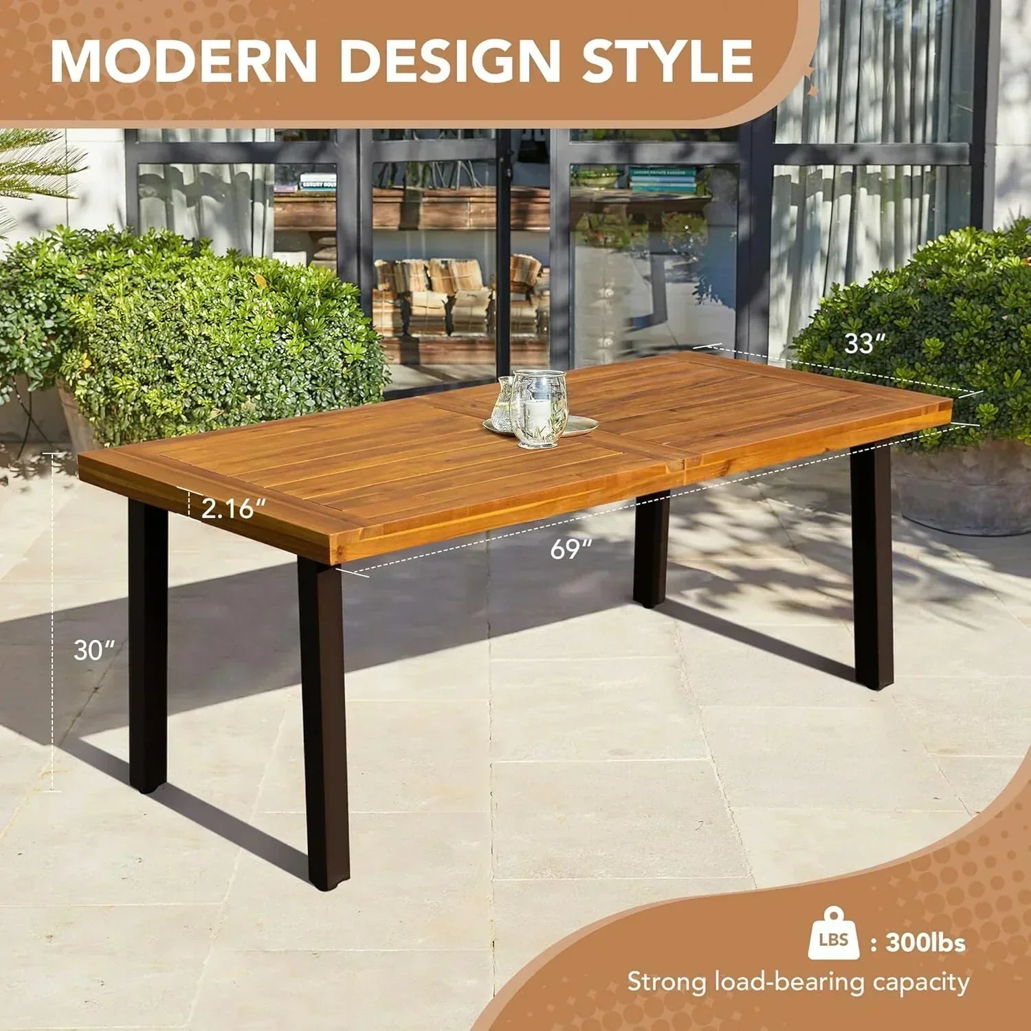 Devoko Home Acacia Wood Dining Table 6-Person Indoor Outdoor Table Iron Legs Sandblast Finish wourant
