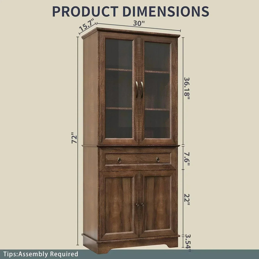Kitchen Hutch Pantry Cabinet 71" Tall with Glass Doors wourant