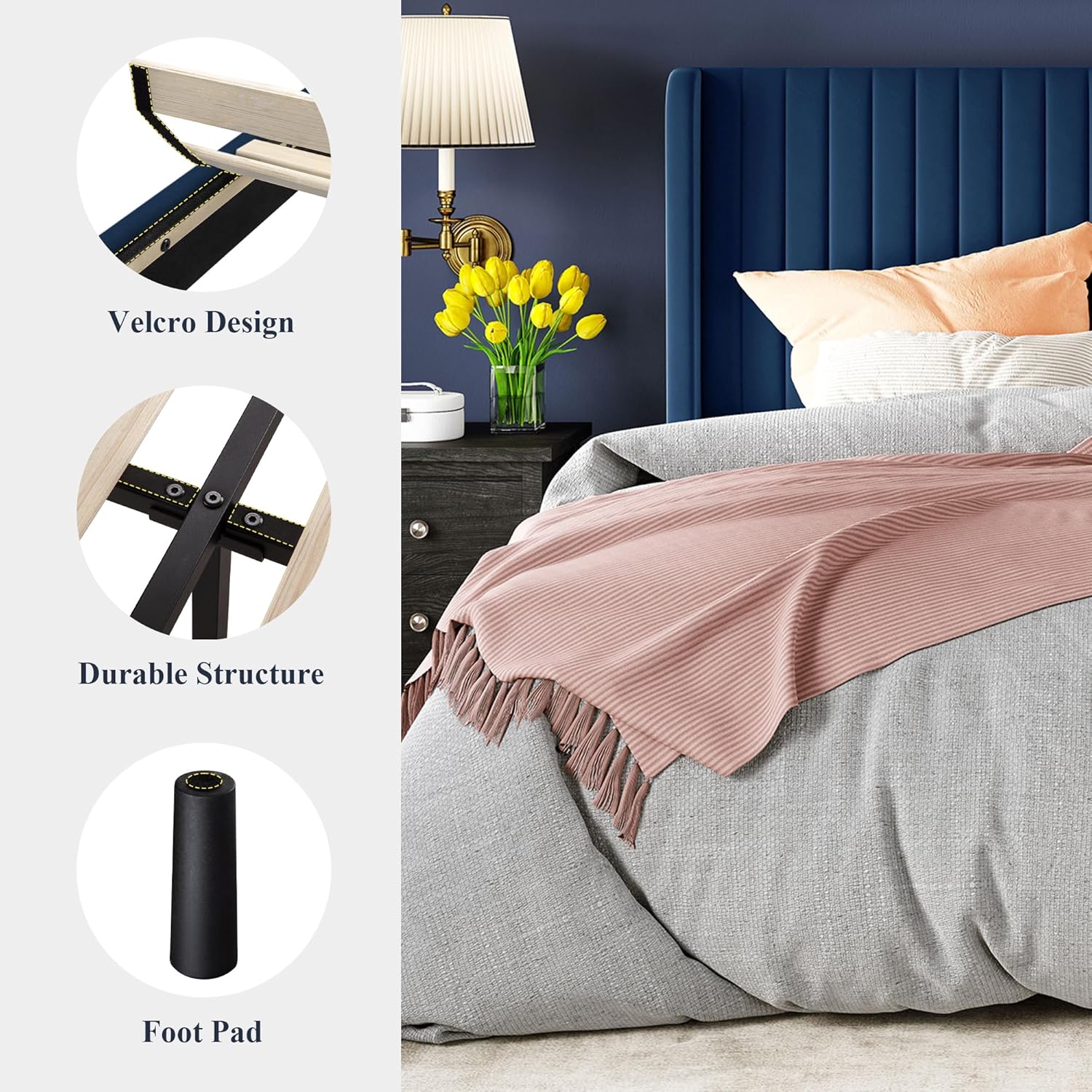 Allewie Full Size Velvet Bed Frame Vertical Channel Tufted Wingback Headboard Upholstered Bed wourant