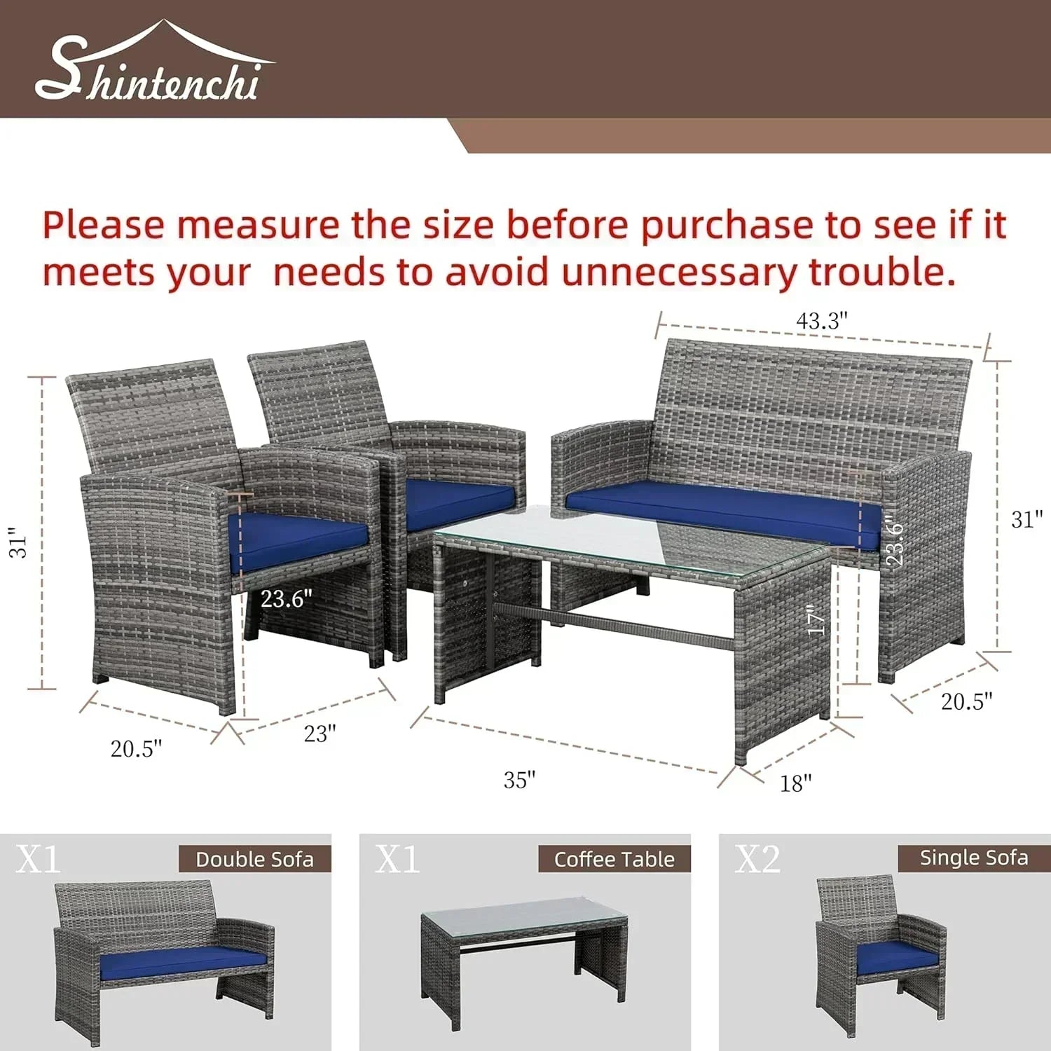 Shintenchi 4 Piece Patio Ratten Set Outdoor Furniture Set Wicker Conversation Set wourant