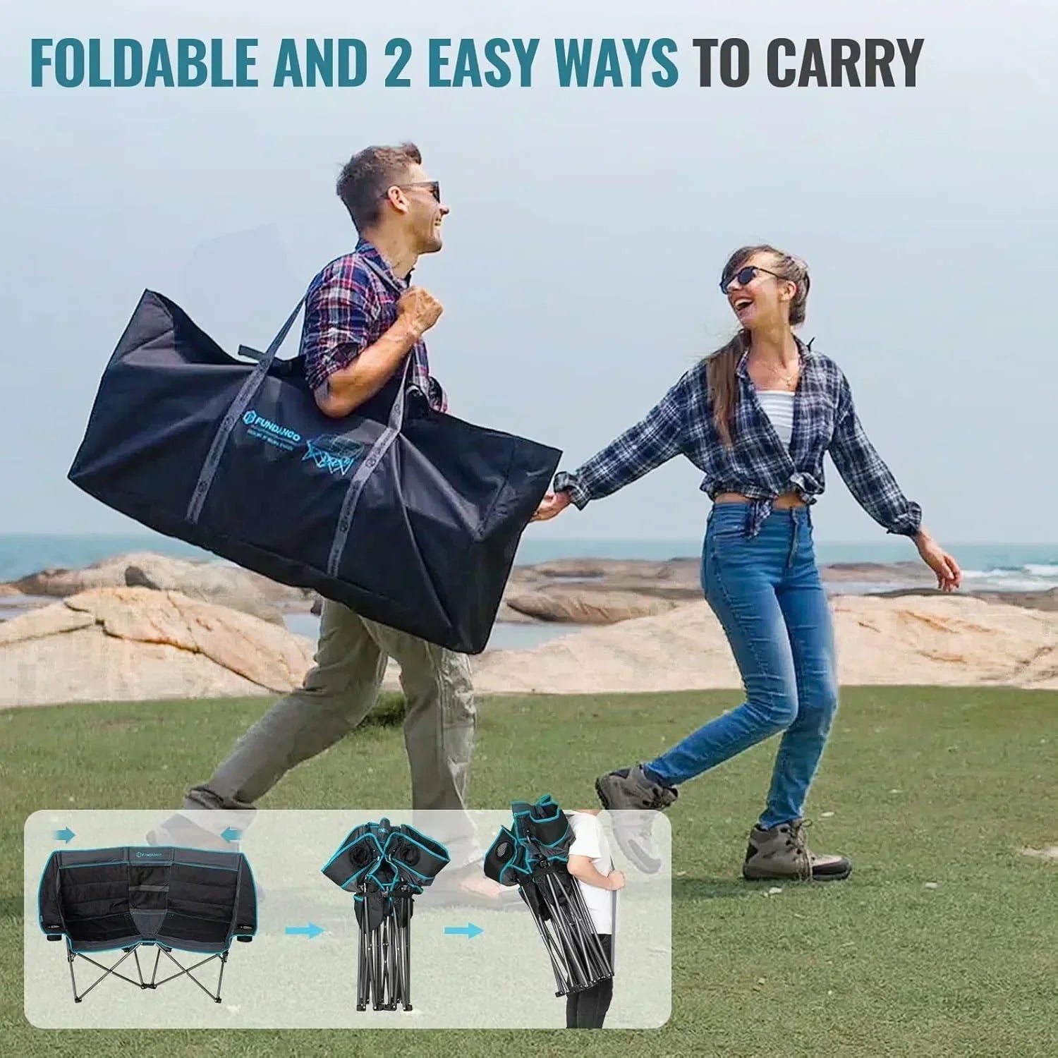 Double Camping Chair Cooler 3-Person Folding Extra Large Camping Chair 1000-Pound Capacity wourant