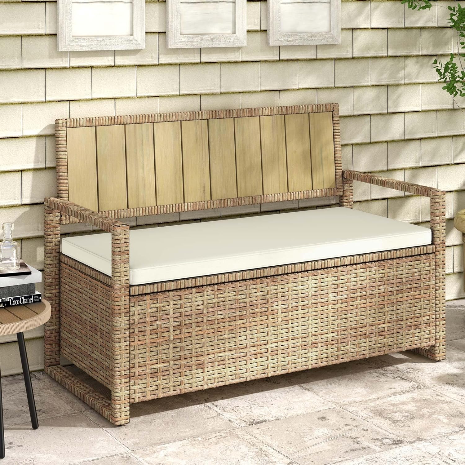 DWVO 70Gal Outdoor Storage Bench with Cushion Composite Wood Backrest Wicker Deck Bench wourant