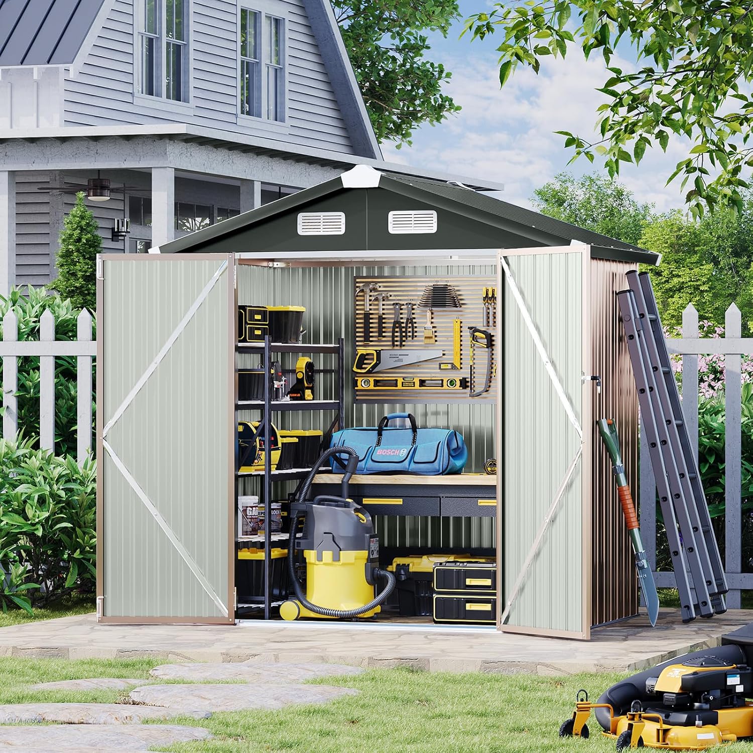 Aoxun 12x10 FT Shed Metal Outdoor Waterproof Storage Shed Steel Utility Garden Tool Shed wourant