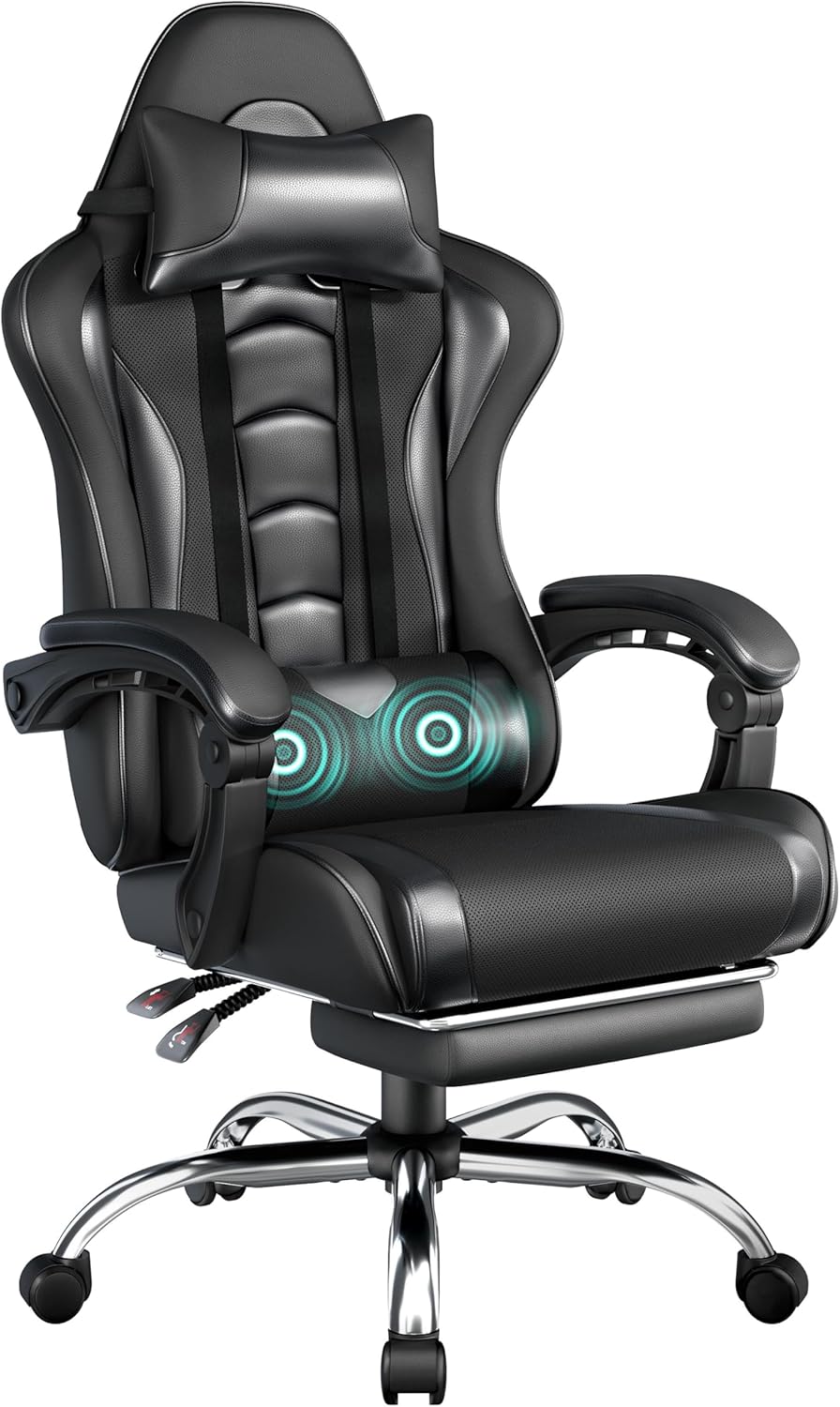 Gaming Chair with Massage Lumbar Support and Footrest Height Office Gaming Chair wourant