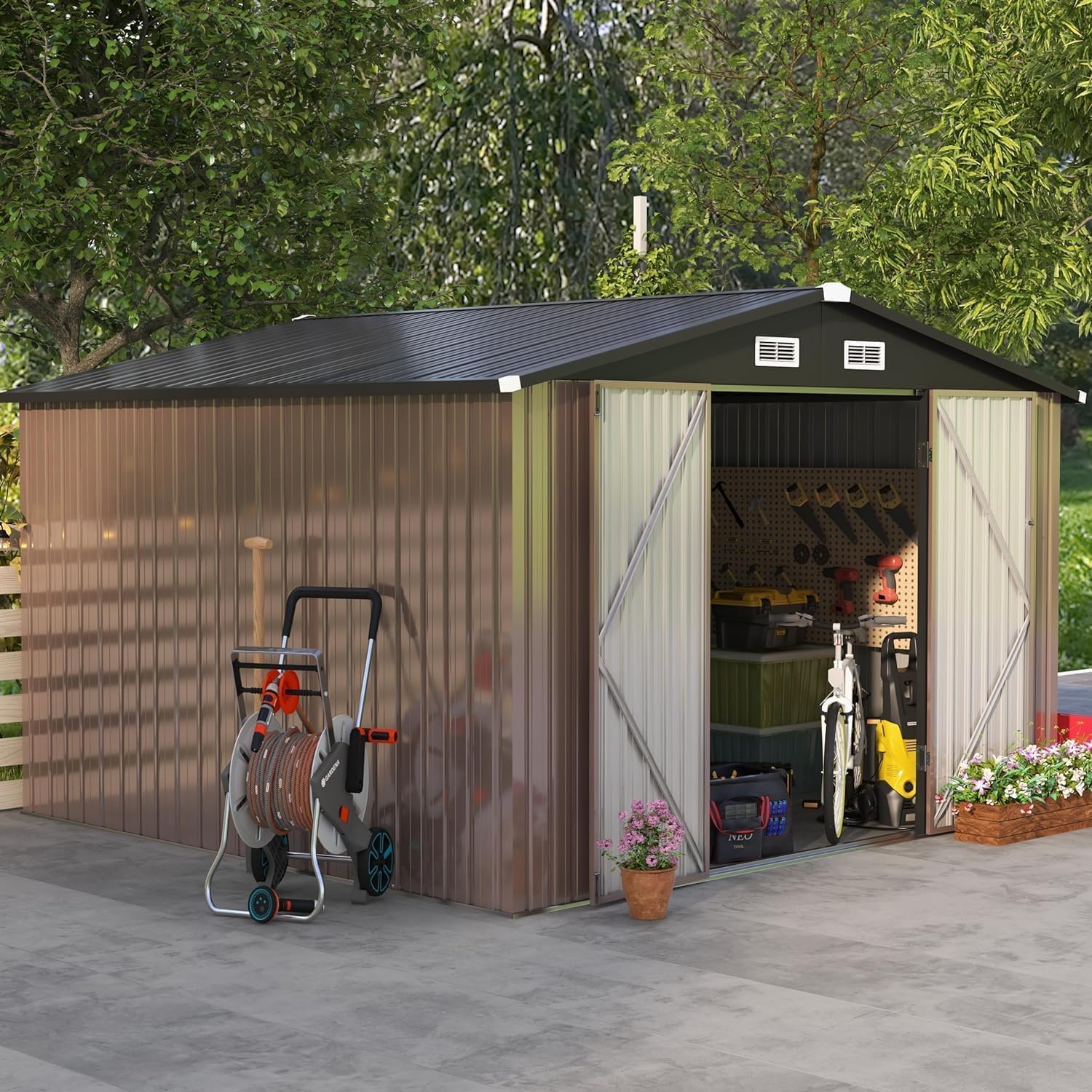Aoxun 6.2x4 FT Shed Outdoor Storage Shed Metal Garden Shed Sloping Roof Tool Shed Bike Shed wourant