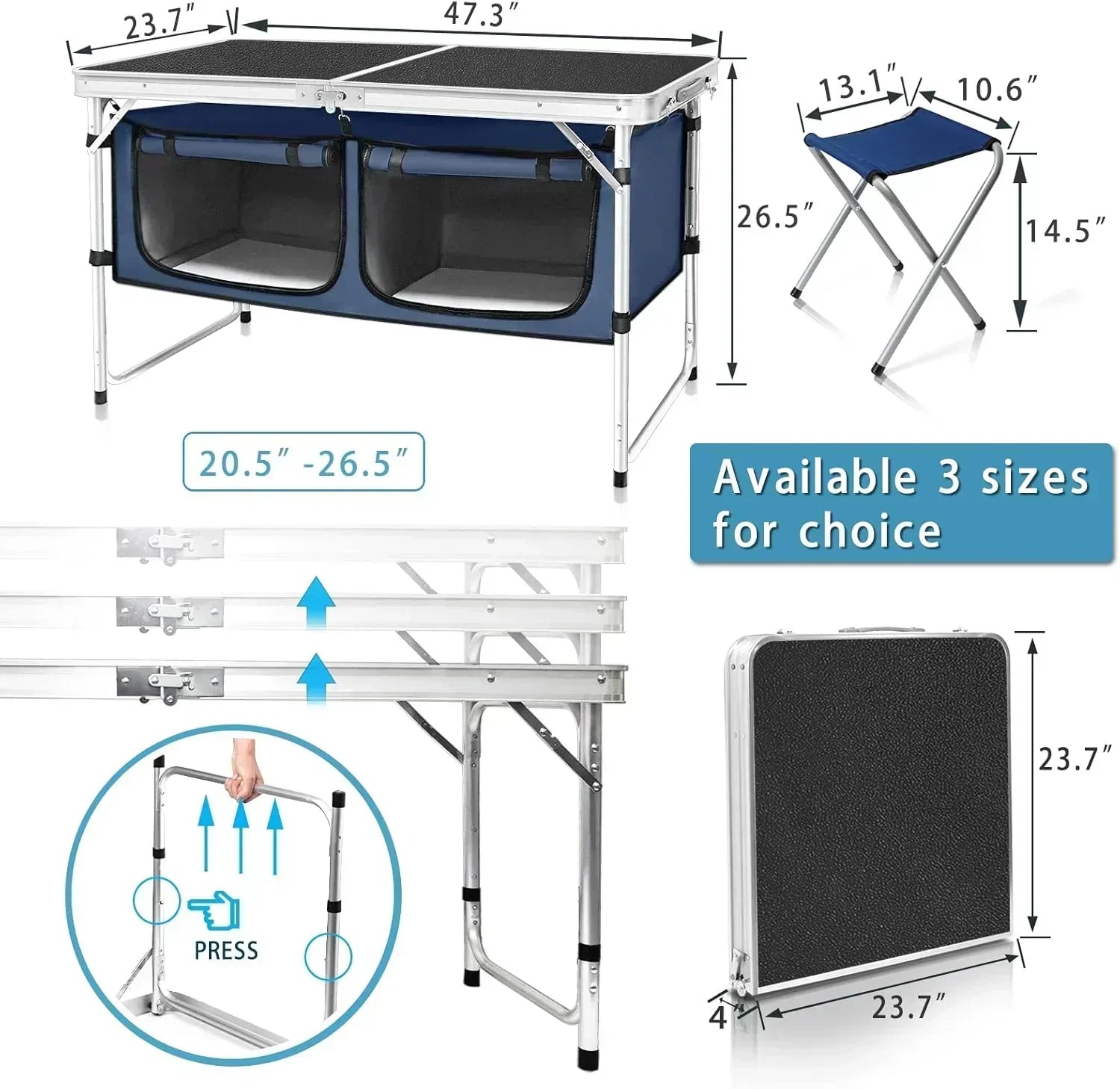 Outdoor Folding Table Aluminum Lightweight Height Adjustable with Storage Organizer wourant