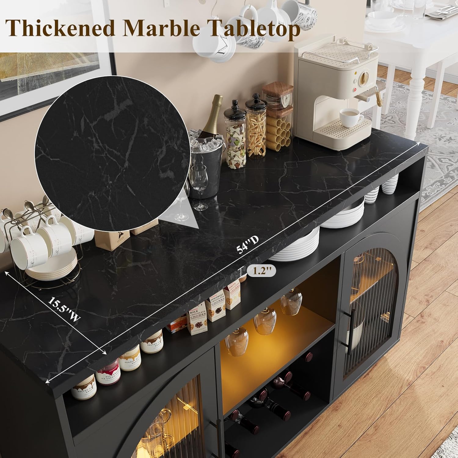 Sideboard 54-inch kitchen cabinet with LED lights and arched glass doors tall bar cabinet wourant