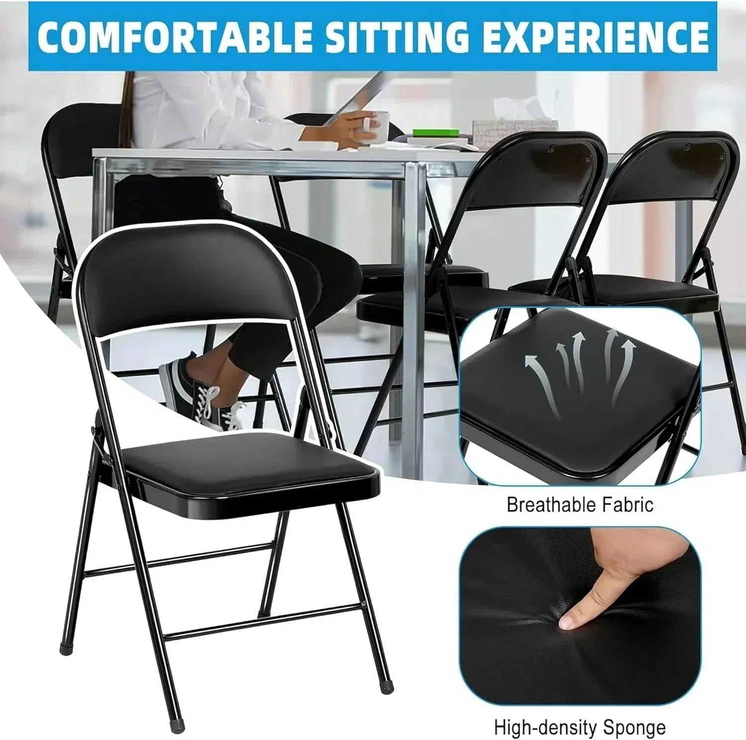 6 Pack Black Folding Chairs with Leather Chairs Events Office Wedding Party Upholstered Chairs wourant