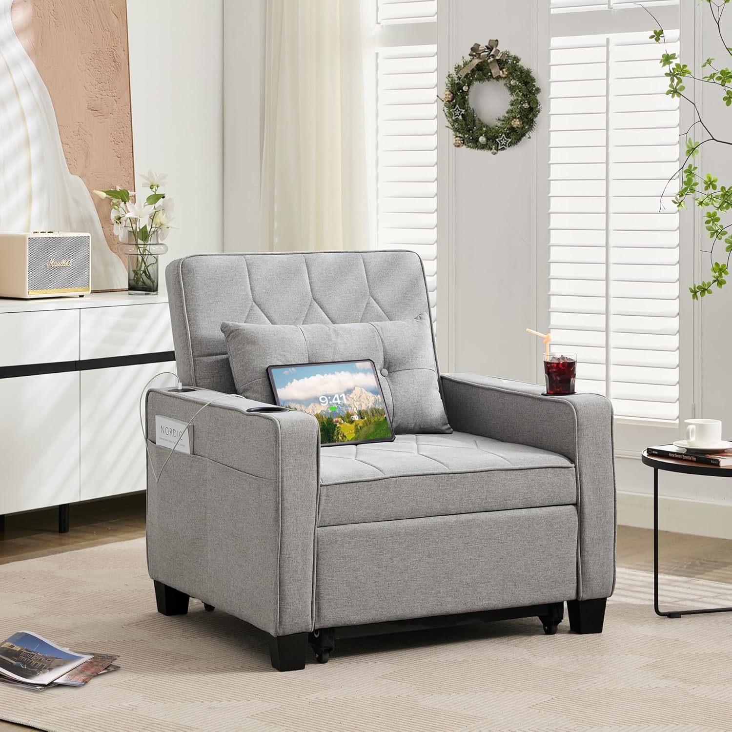 Adult Convertible Sleeper Chair Bed 3-in-1 Pull-Out Sofa Bed with USB/Type-C Ports Cup Holders wourant