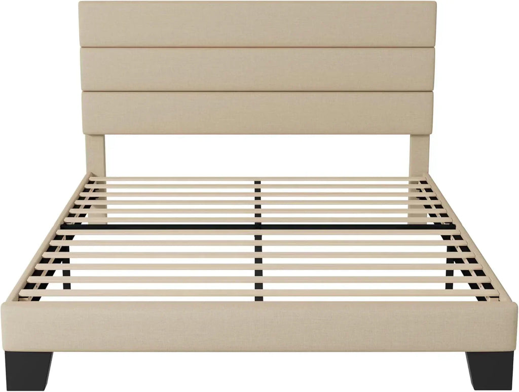 Allewie King size platform bed frame with velvet upholstered headboard and planks wourant