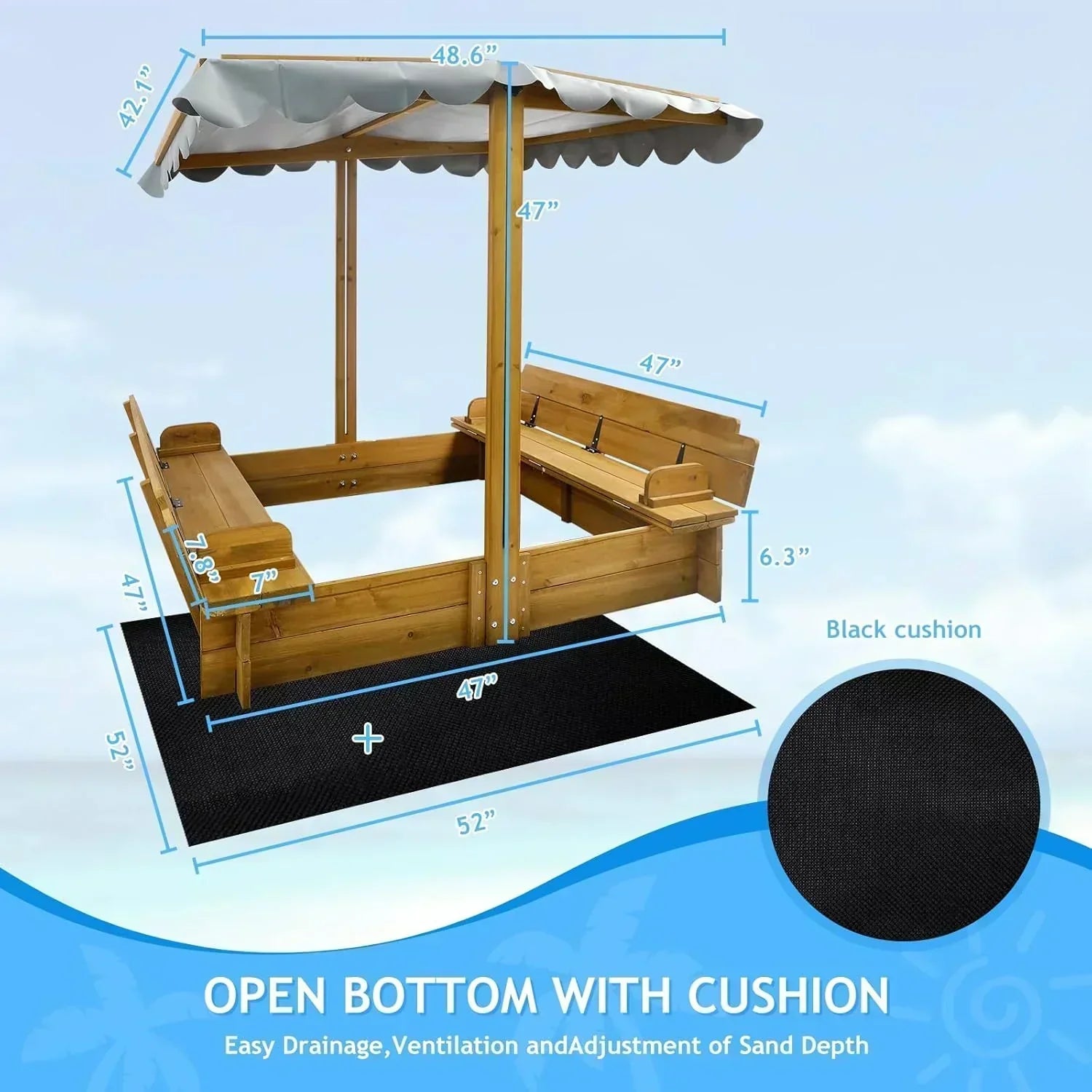 Kids Sandbox with Lid Wooden Sand Box Cover Outdoor UV-Protection Natural Wood Foldable Bench Seat wourant