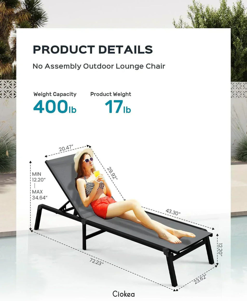 Aluminum Chaise Lounge Outdoor Foldable Assemble Free Outdoor Lounge Chair 5 Adjustable Backrest wourant