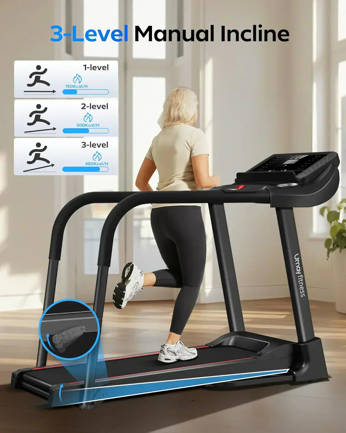 UMAY household folding tilt treadmill with heart rate sensor Low noise wourant
