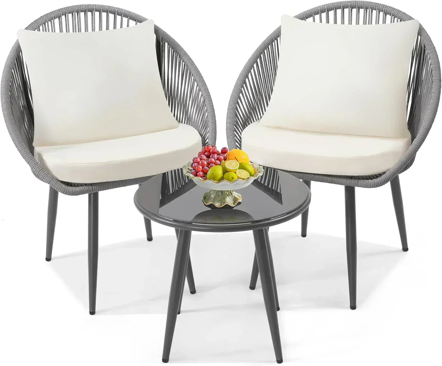3 Piece Bistro Set Woven Rope Chair with Cushions All Weather Patio Conversation Set Side Table wourant
