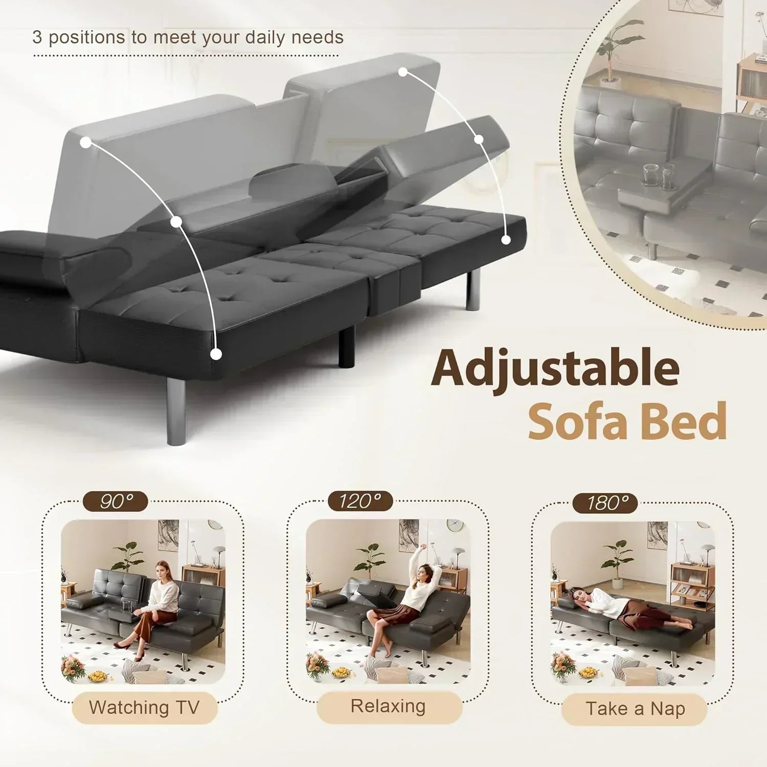 Shahoo Convertible Folding Futon Sofa Bed Sleeper Couch for Living Room Faux Leather wourant