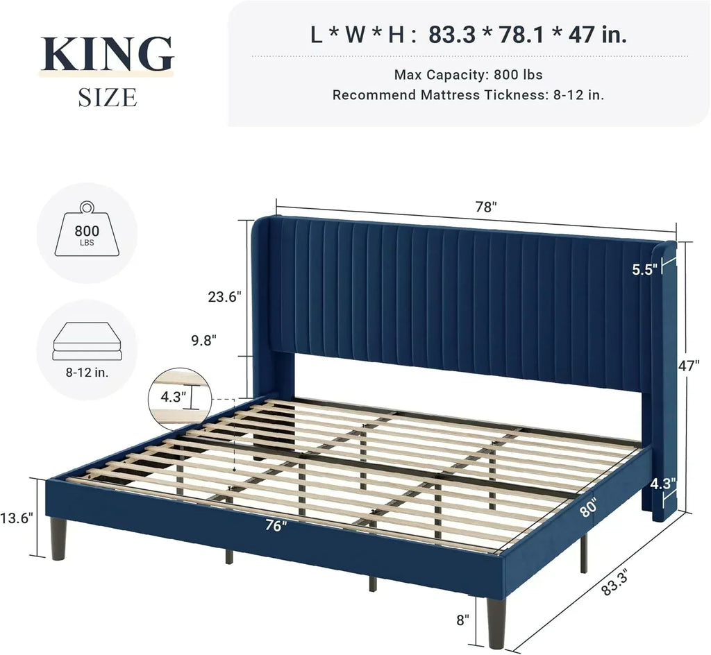 Allewie Full Size Velvet Bed Frame Vertical Channel Tufted Wingback Headboard Upholstered Bed wourant