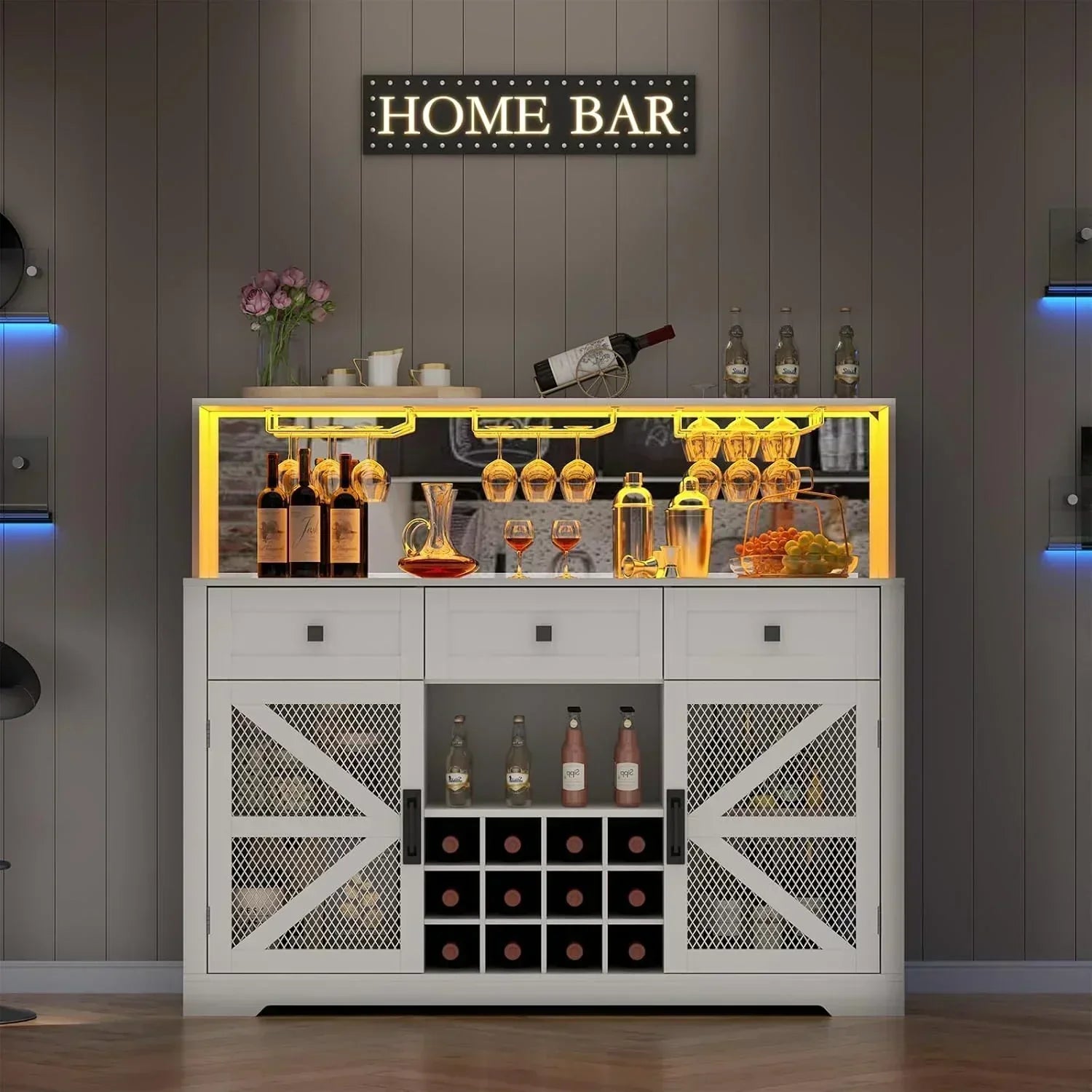 Wine Bar Cabinet with LED Light Liquor Cabinet with Glass Holder Coffee Bar for Liquor wourant