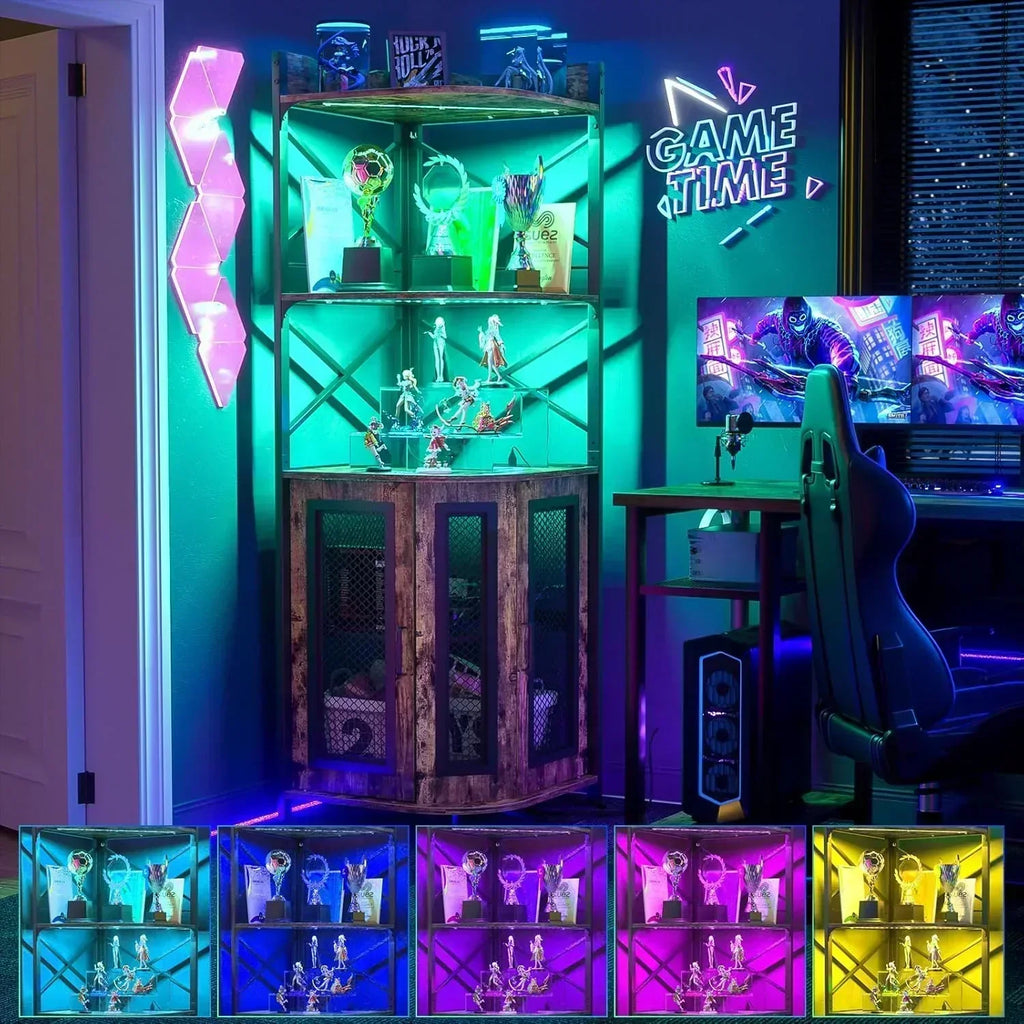 Corner bar cabinet with power socket industrial style wine cabinet light strip and glass rack wourant