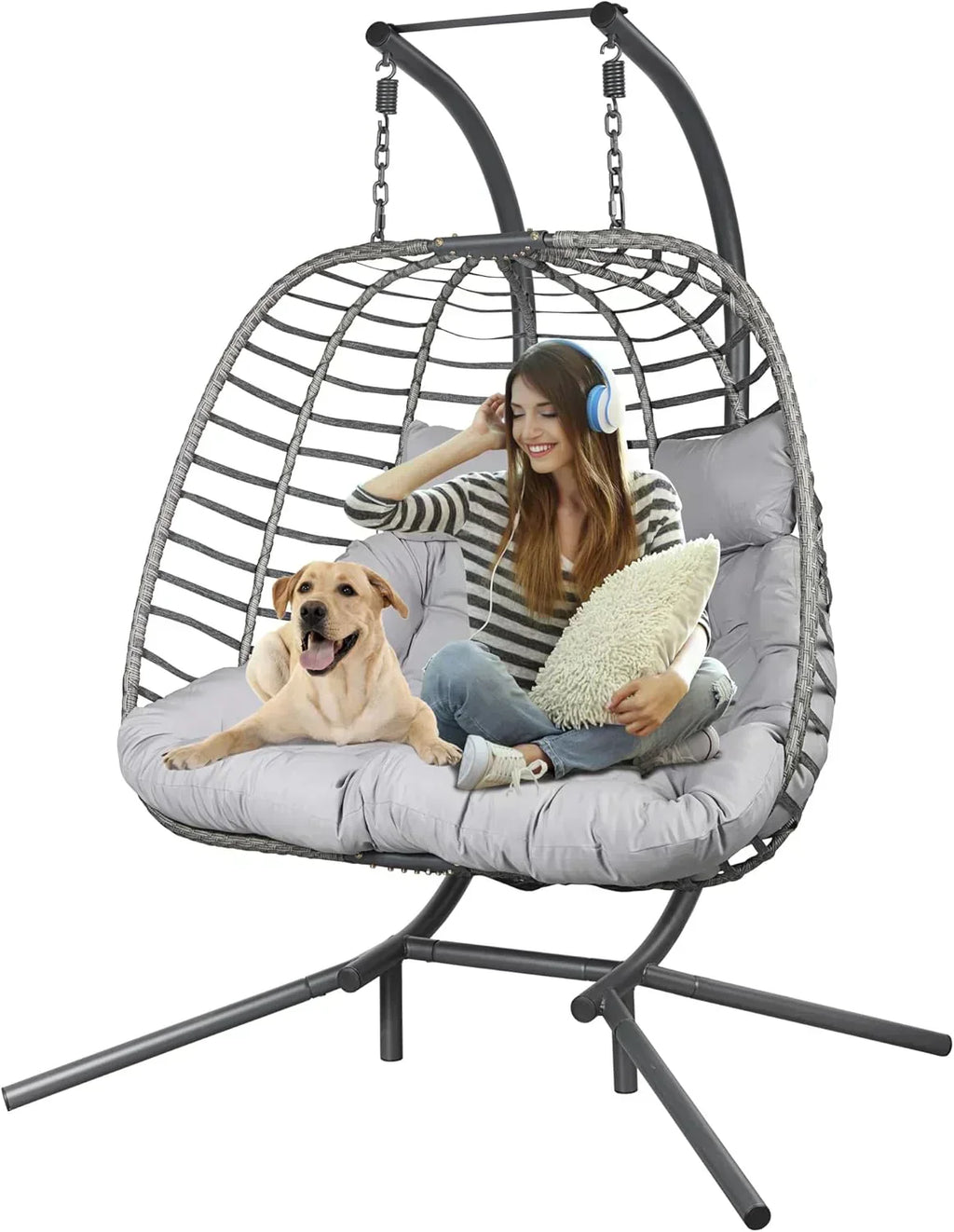 HWB Hanging Egg Chair with Stand Patio Wicker Hammock Egg Swing Chair Cushion for Bedroom wourant