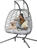 HWB Hanging Egg Chair with Stand Patio Wicker Hammock Egg Swing Chair Cushion for Bedroom wourant