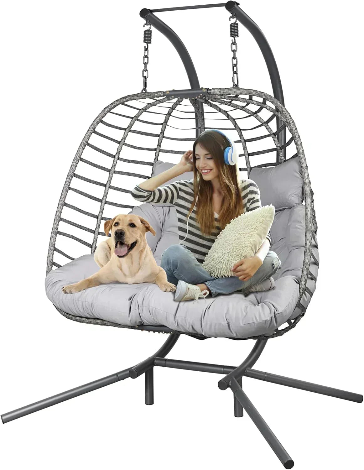 HWB Hanging Egg Chair with Stand Patio Wicker Hammock Egg Swing Chair Cushion for Bedroom wourant