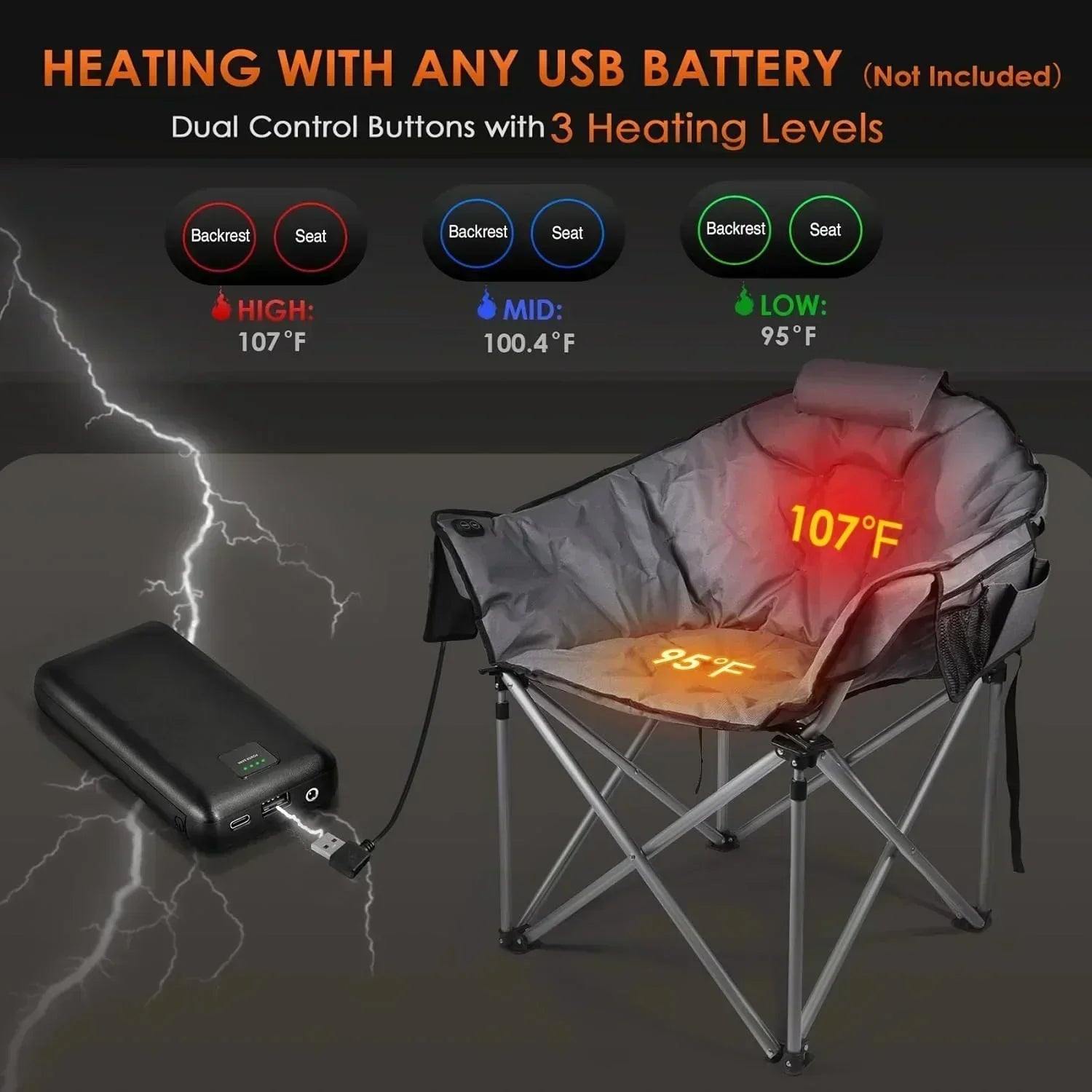 Heated Camping Chair Extra Large Heated Chair Outdoor Sports Chair with 3 Heat Levels on Back wourant