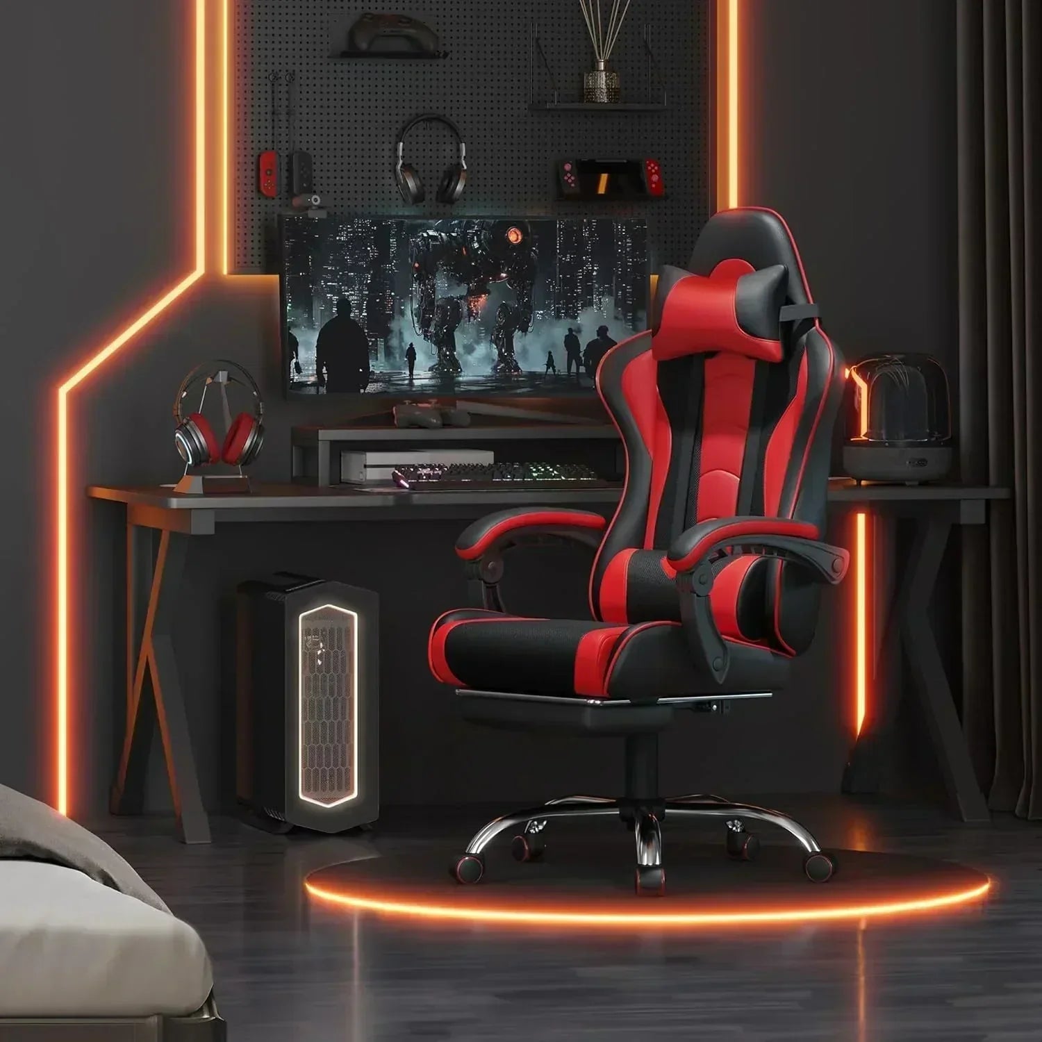 Gaming Chair with Massage Lumbar Support and Footrest Height Office Gaming Chair wourant