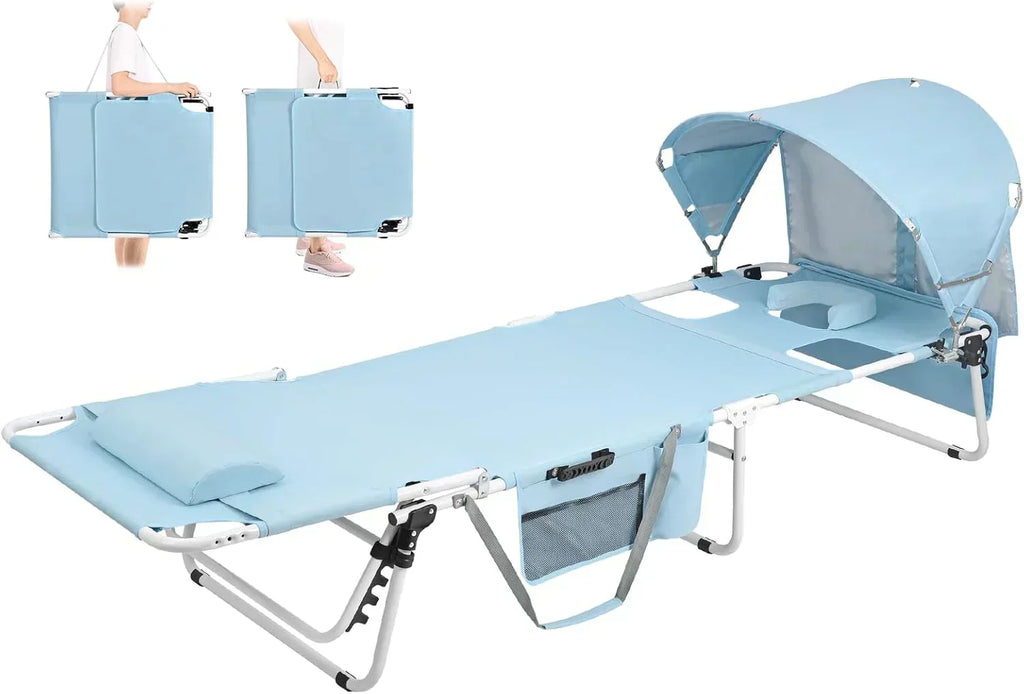 Tanning Chair with Sun Canopy Face Hole Folding Chaise Lounge Chair 5 Position Reclining wourant