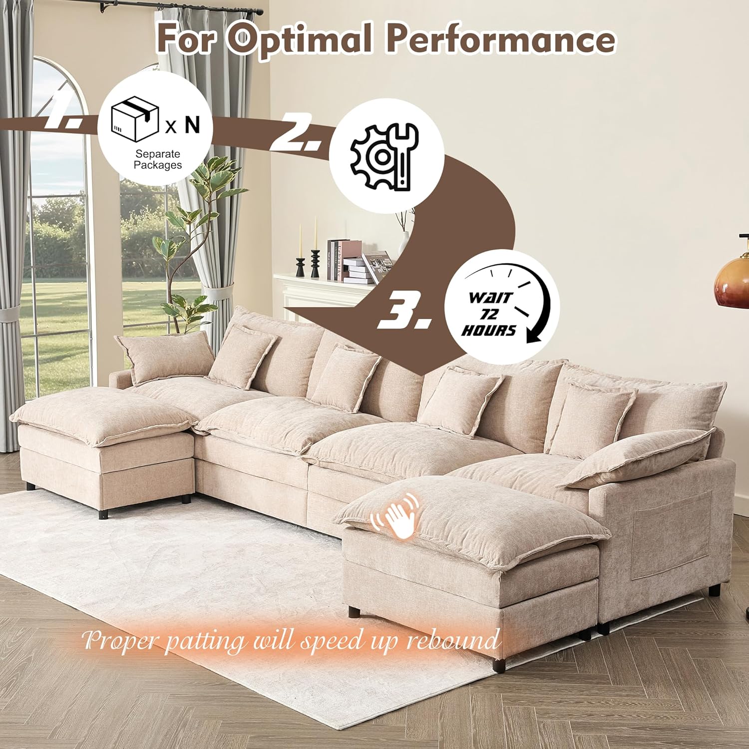 108 Inch U Shape Sofa Sectional Sofa Comfortable Cloud Sofa Living Room Deep Seat Sofa wourant