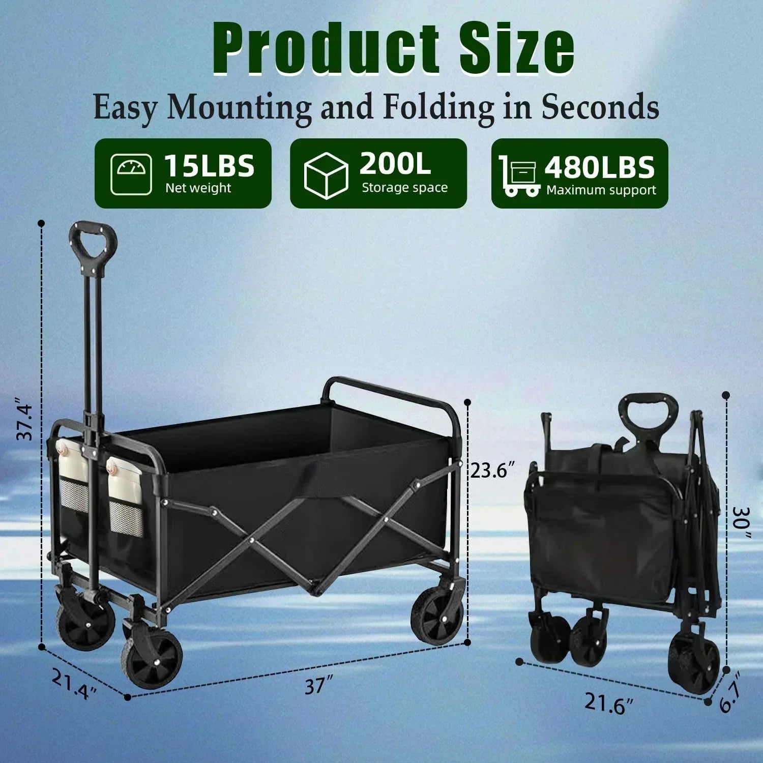 Foldable 4-wheel cart foldable 37 inches long 480 lb capacity heavy-duty beach cart wourant
