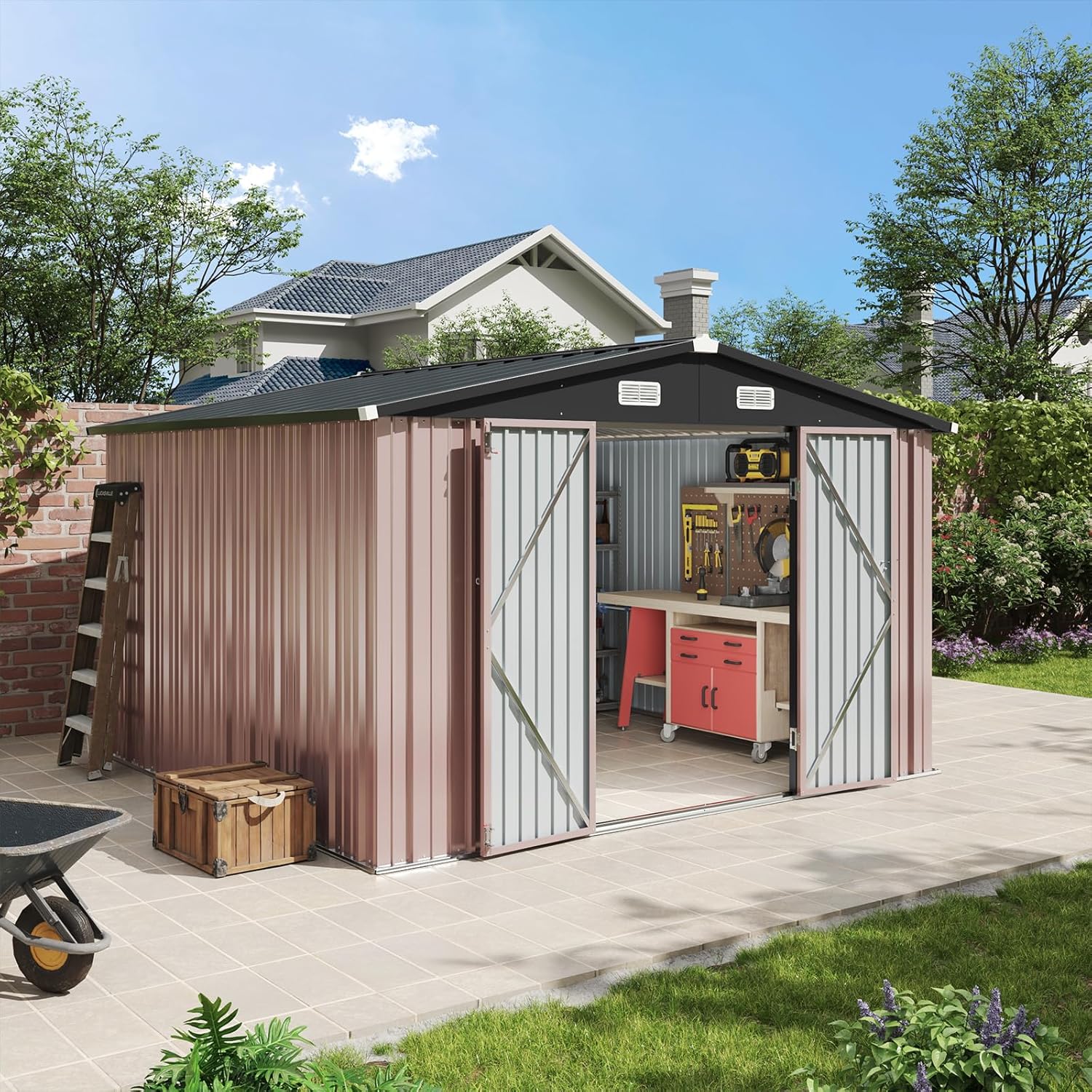 Aoxun 6.2x4 FT Shed Outdoor Storage Shed Metal Garden Shed Sloping Roof Tool Shed Bike Shed wourant