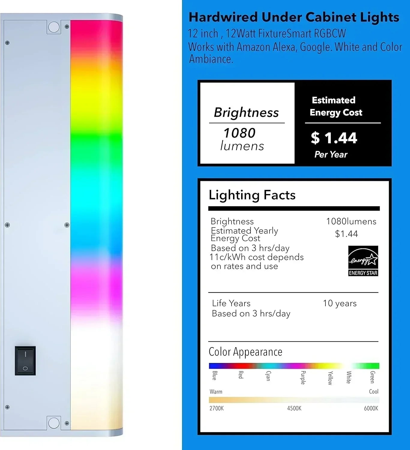 Smart under-cabinet lighting strip white and color-changing dimmable wourant
