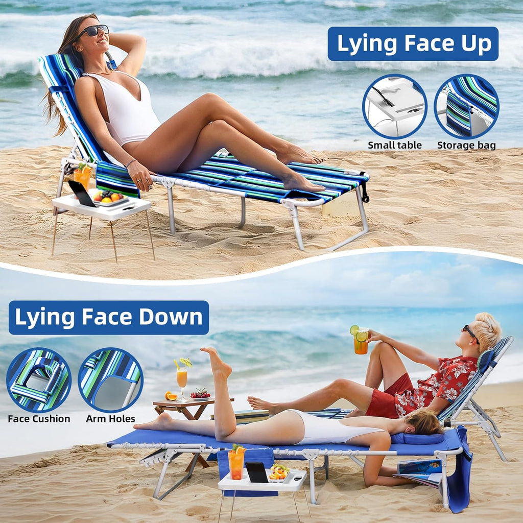 3-in-1 Beach Chair Face Holes Lounge Chair Outdoor with Folding Side Table 5-Position Recliner wourant