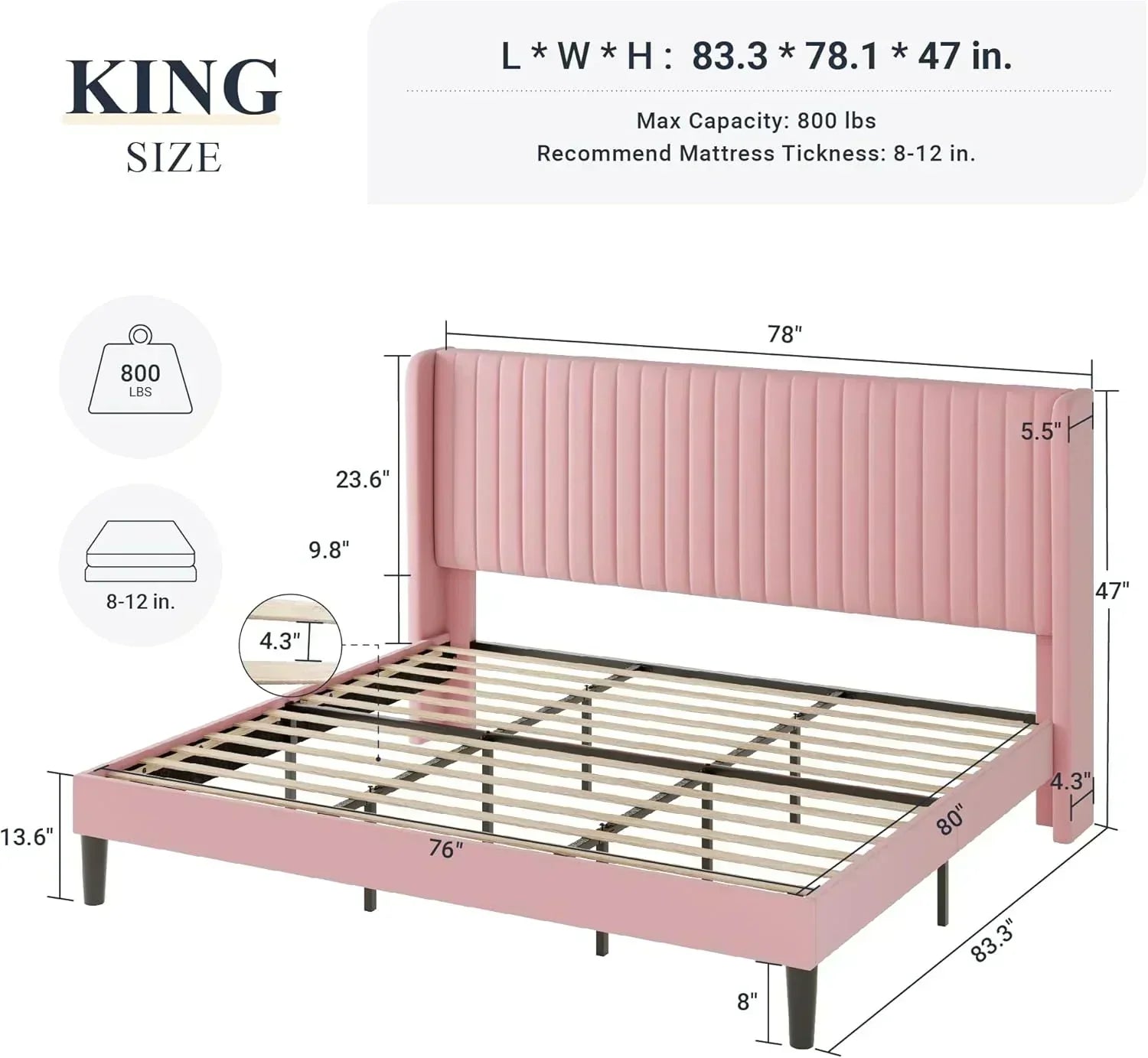 Allewie Full Size Velvet Bed Frame Vertical Channel Tufted Wingback Headboard Upholstered Bed wourant