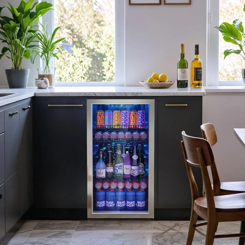 Beverage Refrigerator Cooler-120 Cans Freestanding Mini Fridge Cooler with Glass Door wourant