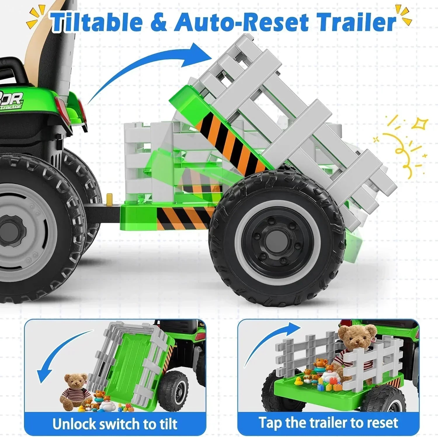 24V Ride On Tractor Tiltable Detachable Trailer 2x65W Motors EVA Tires Remote Control wourant