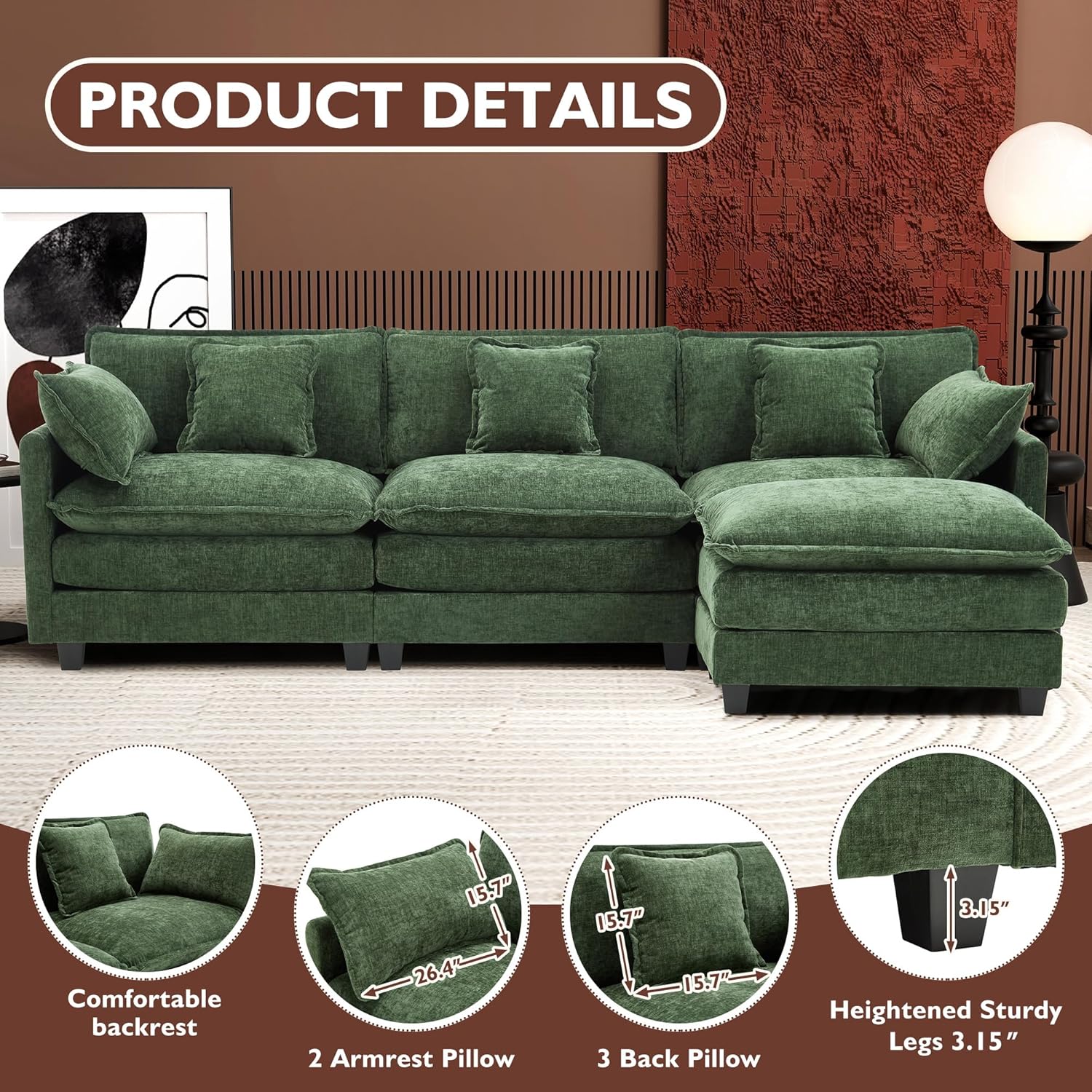111.4 Inch L Shaped Modern Sofa Modular Cloud Sofa with Ottoman 4 Seater Chenille Deep Seat Sofa wourant